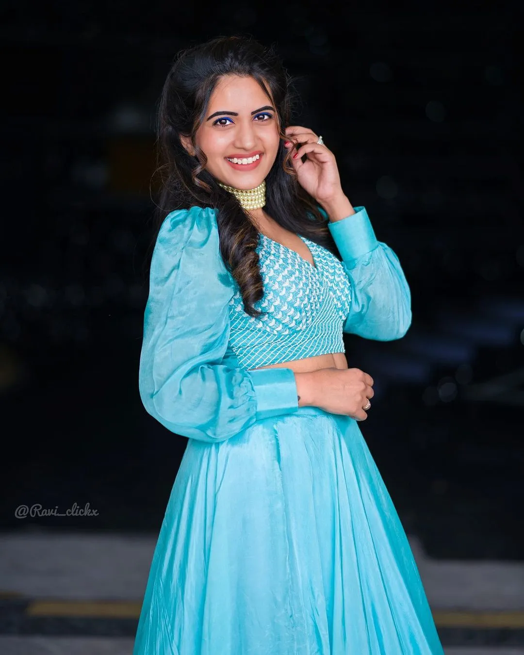 TELUGU TV ACTRESS SRAVANTHI CHOKARAPU STILLS IN BLUE LEHENGA CHOLI 7